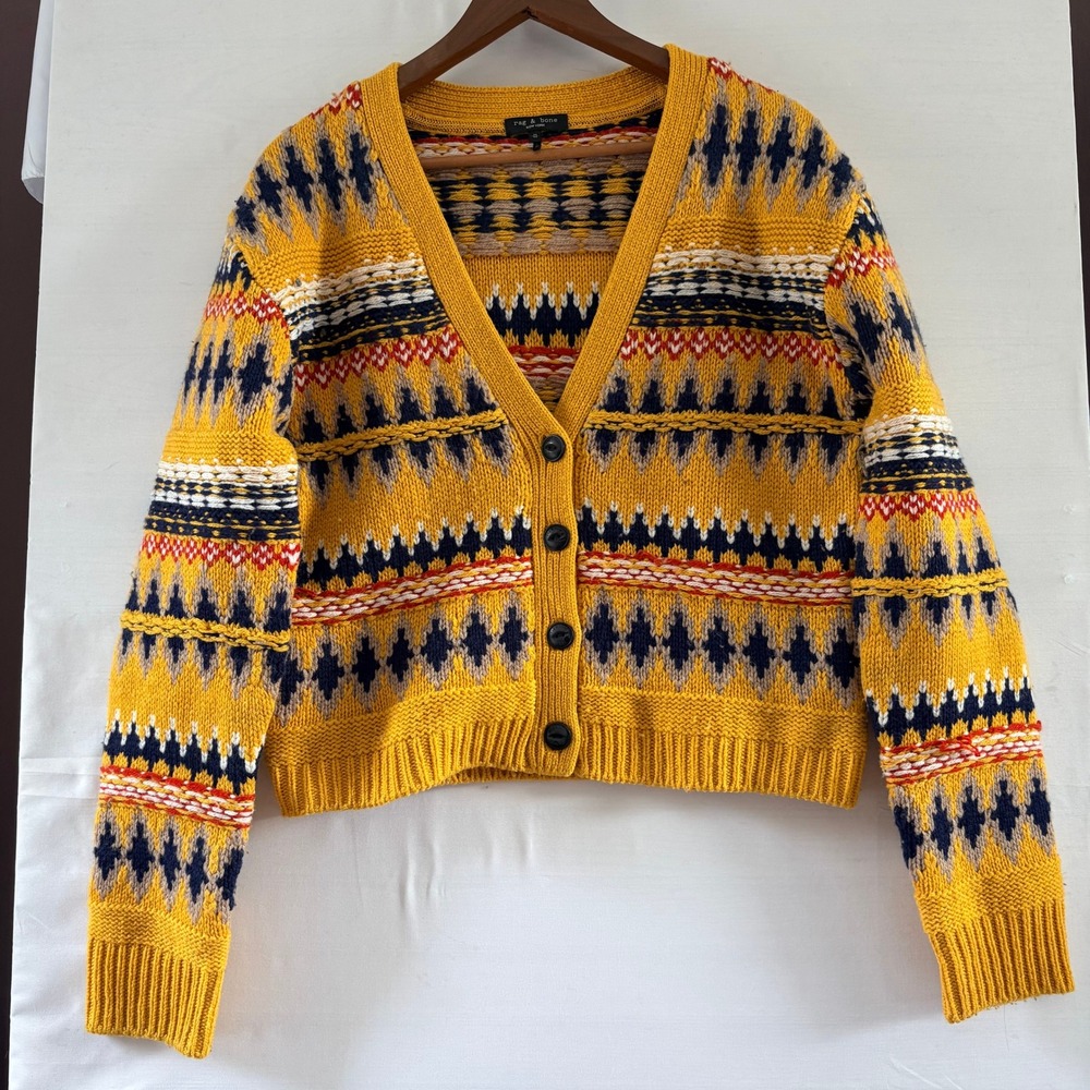 Rag & Bone Yellow Fair Isle Cardigan Cropped Knit Sweater Womens Medium
